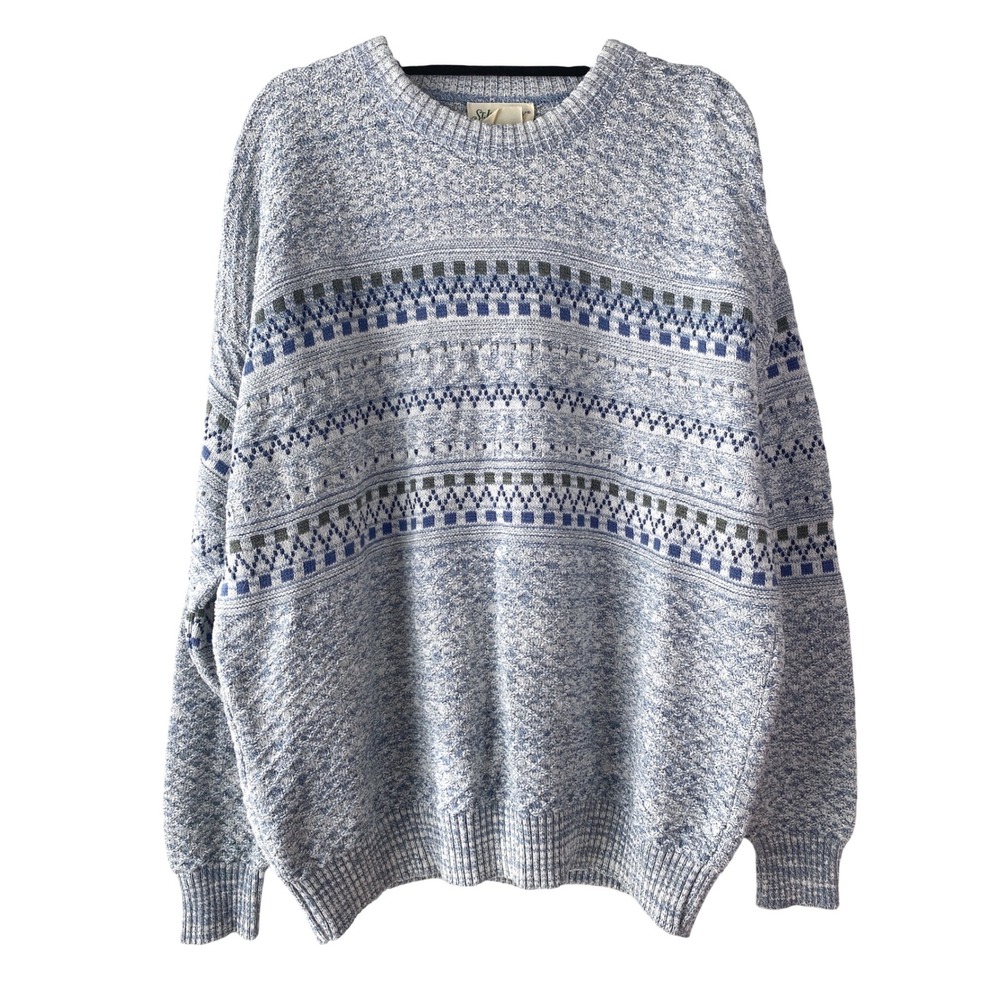 St Johns Bay Mens Sweater L Blue Vintage Geometric Knit Pullover Coastal Retro